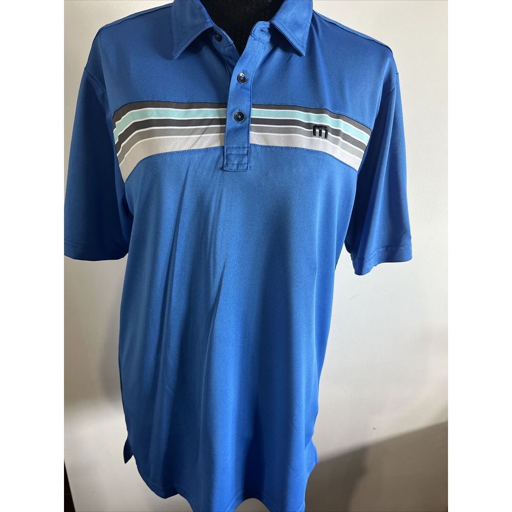 Travis Mathew Polo Blue With Gray White Stripes Across Chest Size Medium